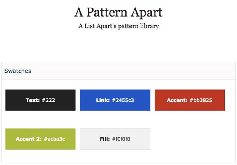 A List Apart’s pattern library () includes a description of when to use certain colors.