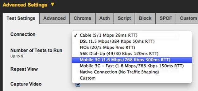 You can choose from an assortment of emulated connection speeds in your WebPagetest run.