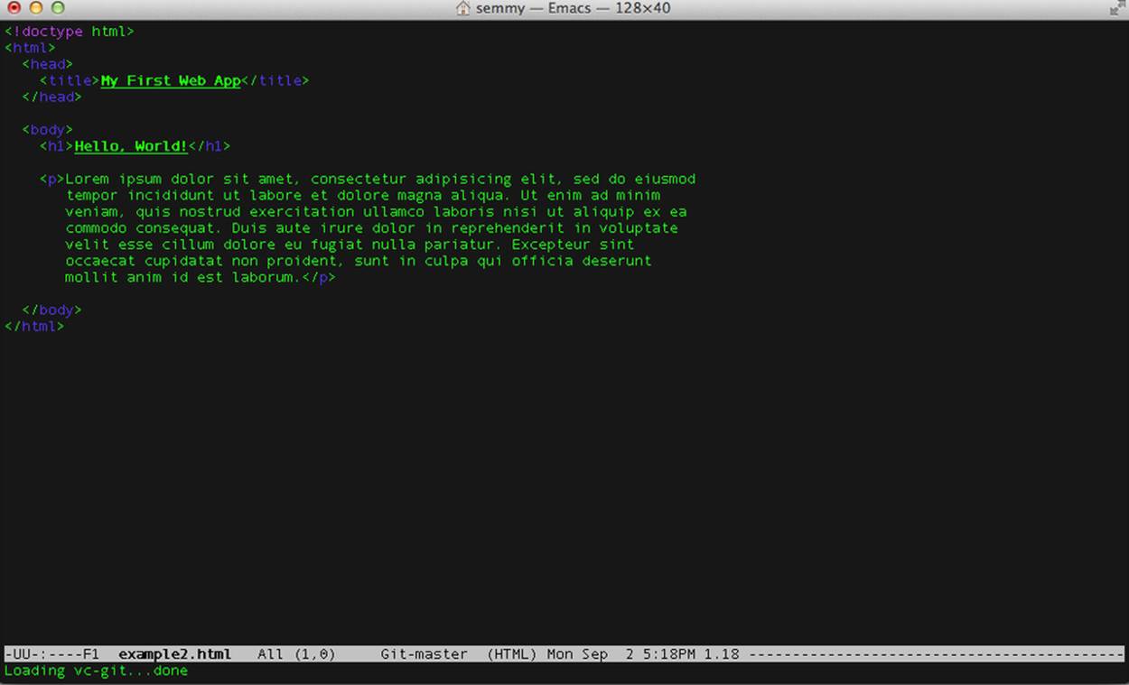 An HTML document opened in Emacs