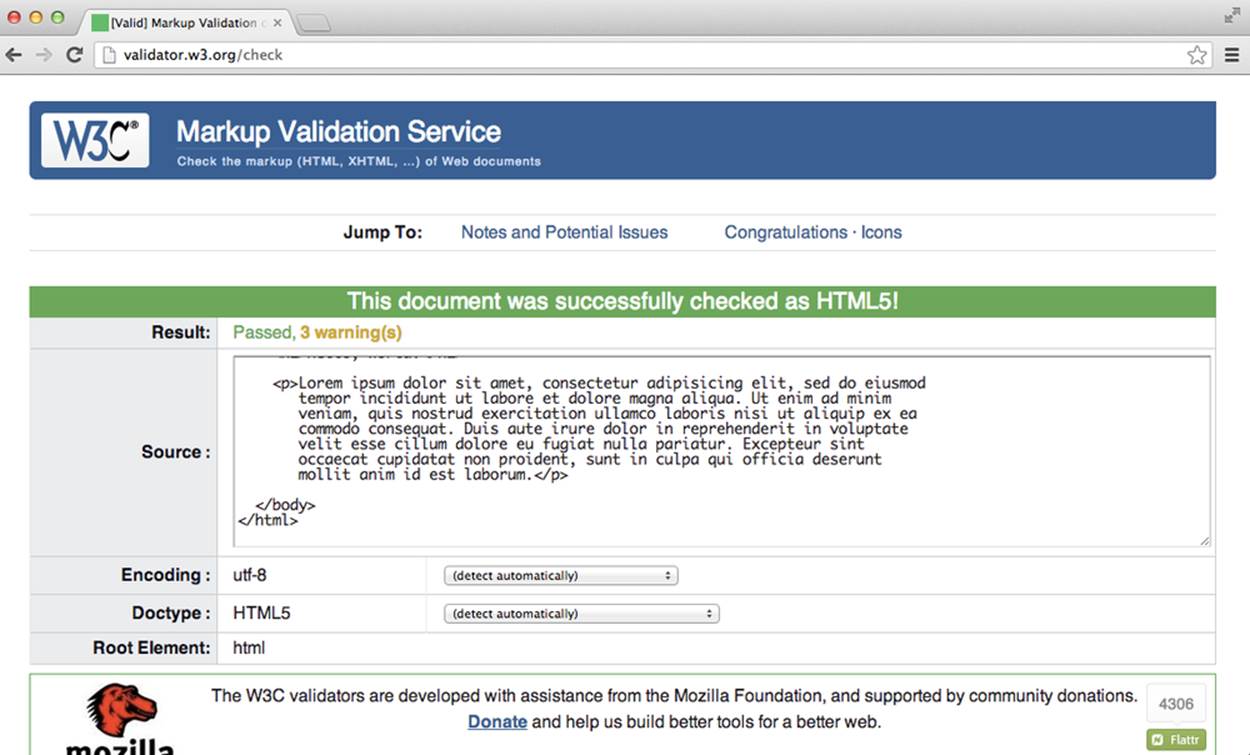 The W3C’s HTML validator after being run on our lorem ipsum example