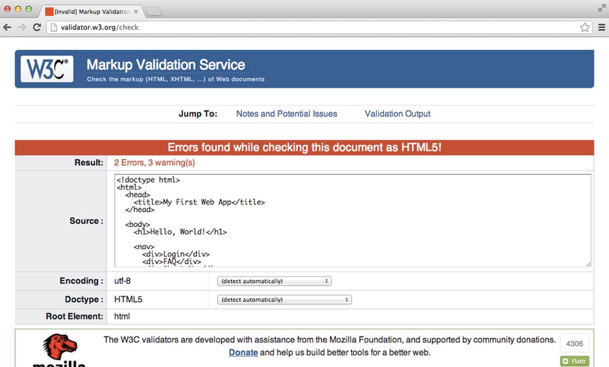 The W3C’s HTML validator after being run on our example with a mistake