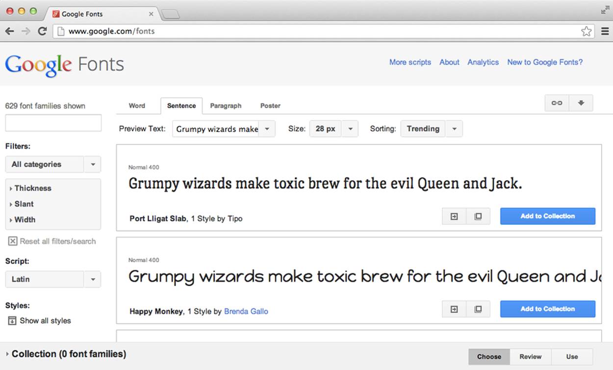 The Google Fonts homepage