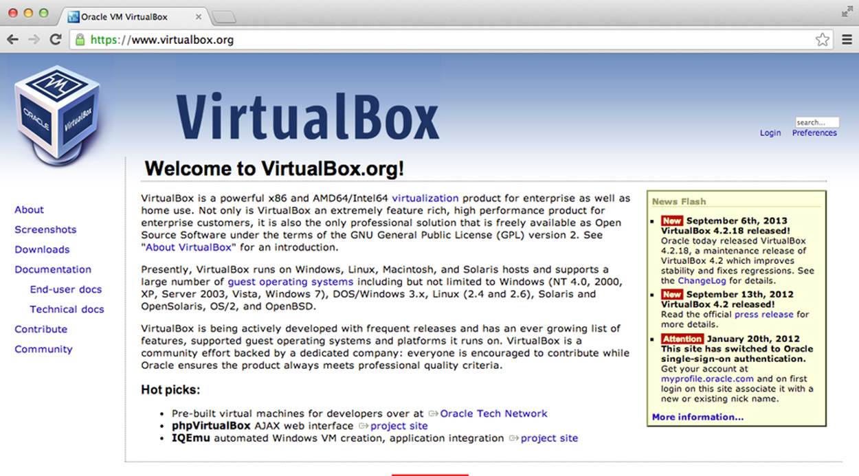The homepage for Virtualbox.
