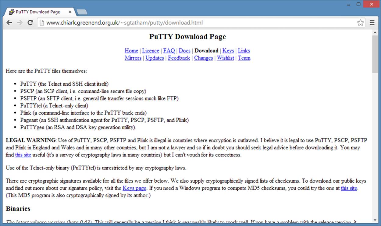 The Putty Home/Download page.