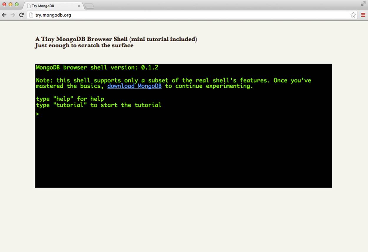 The homepage of the interactive MongoDB tutorial.