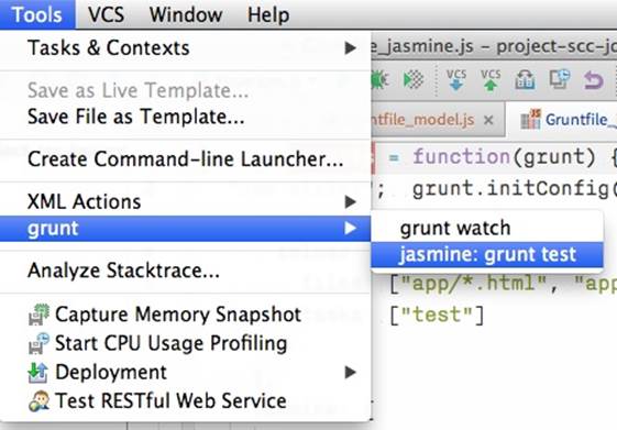 Grunt launcher available under the Tools→grunt menu
