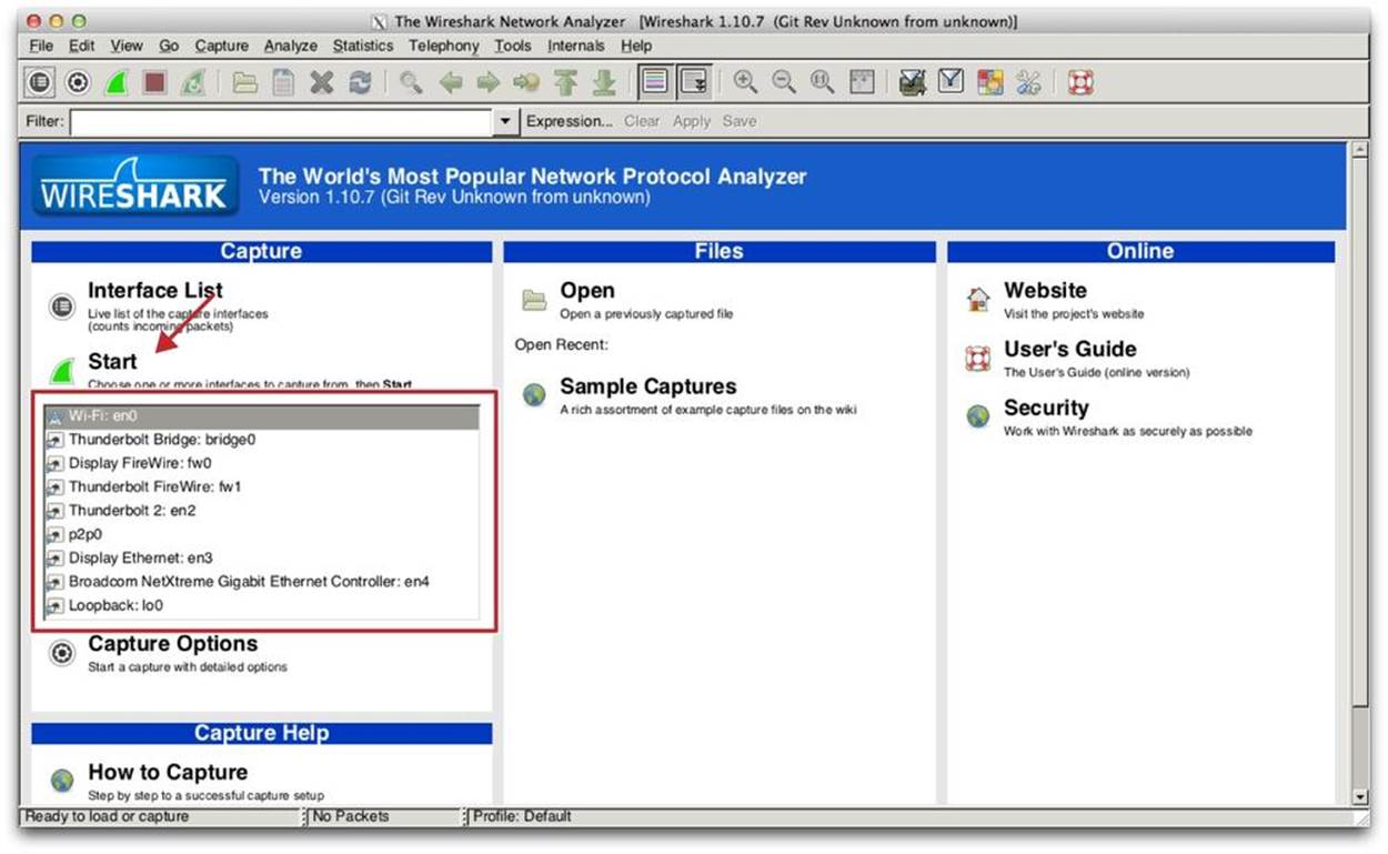 The Wireshark application main view