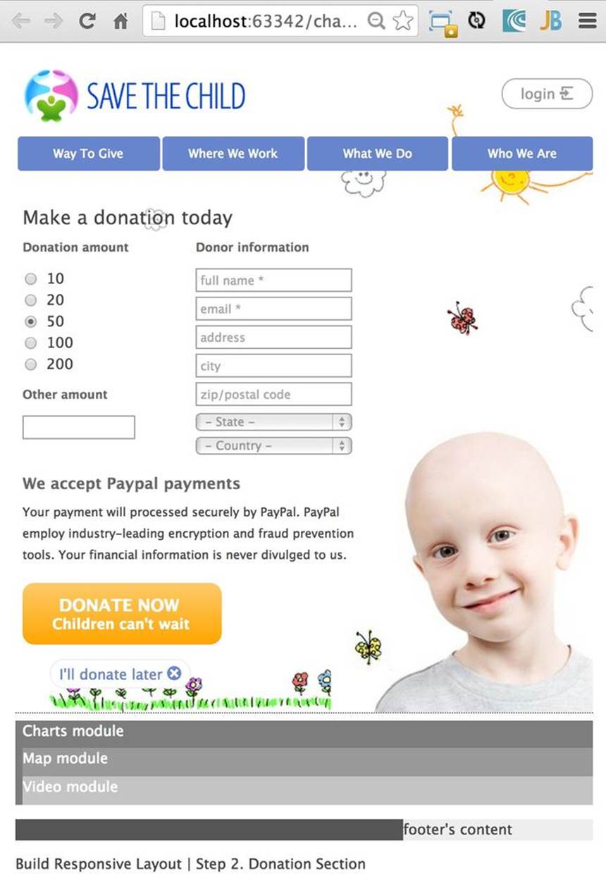 Responsive Donate section: 570 pixels