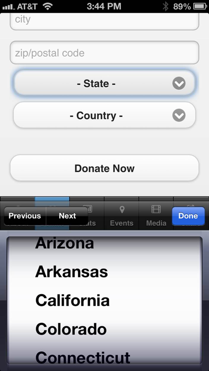 The States drop-down in the Donate form