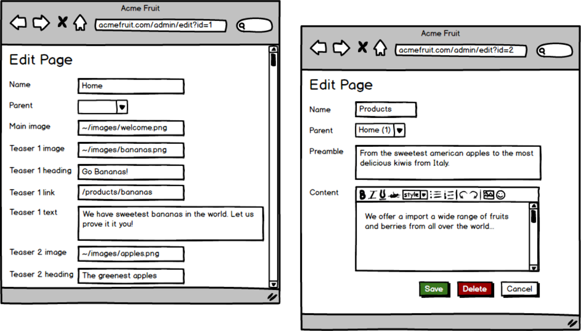 Editing the start page and the Products page after updating the Edit Page dialog.