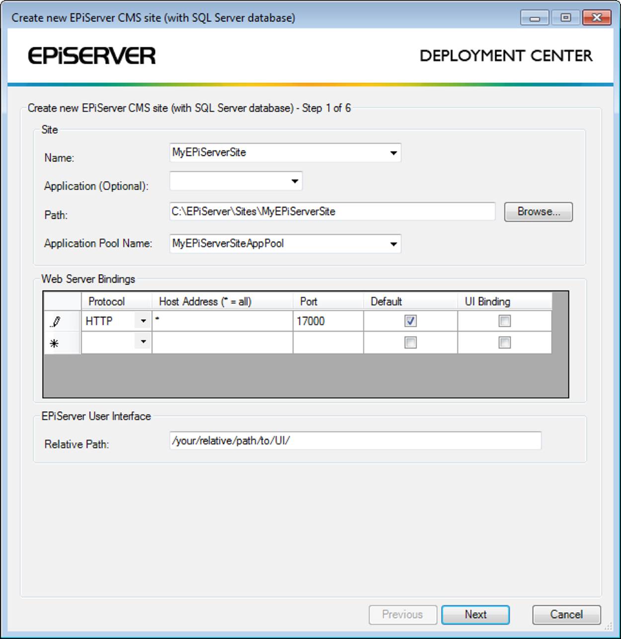 First step of the wizard for creating an EPiServer site using Deployment Center