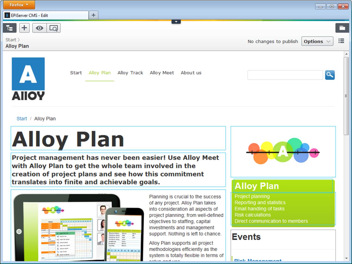 EPiServer CMS' edit mode after clicking on the "Alloy Plan" link in the site's top navigation.