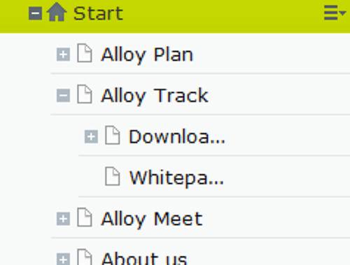 The page tree after clicking the plus icon for the "Alloy Track" page.