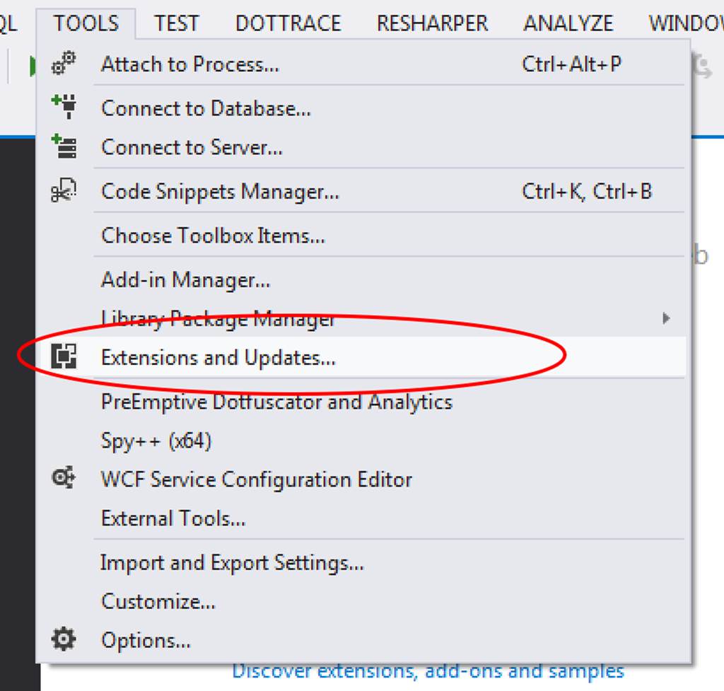 The Extensions and Updates menu alternative in Visual Studio.