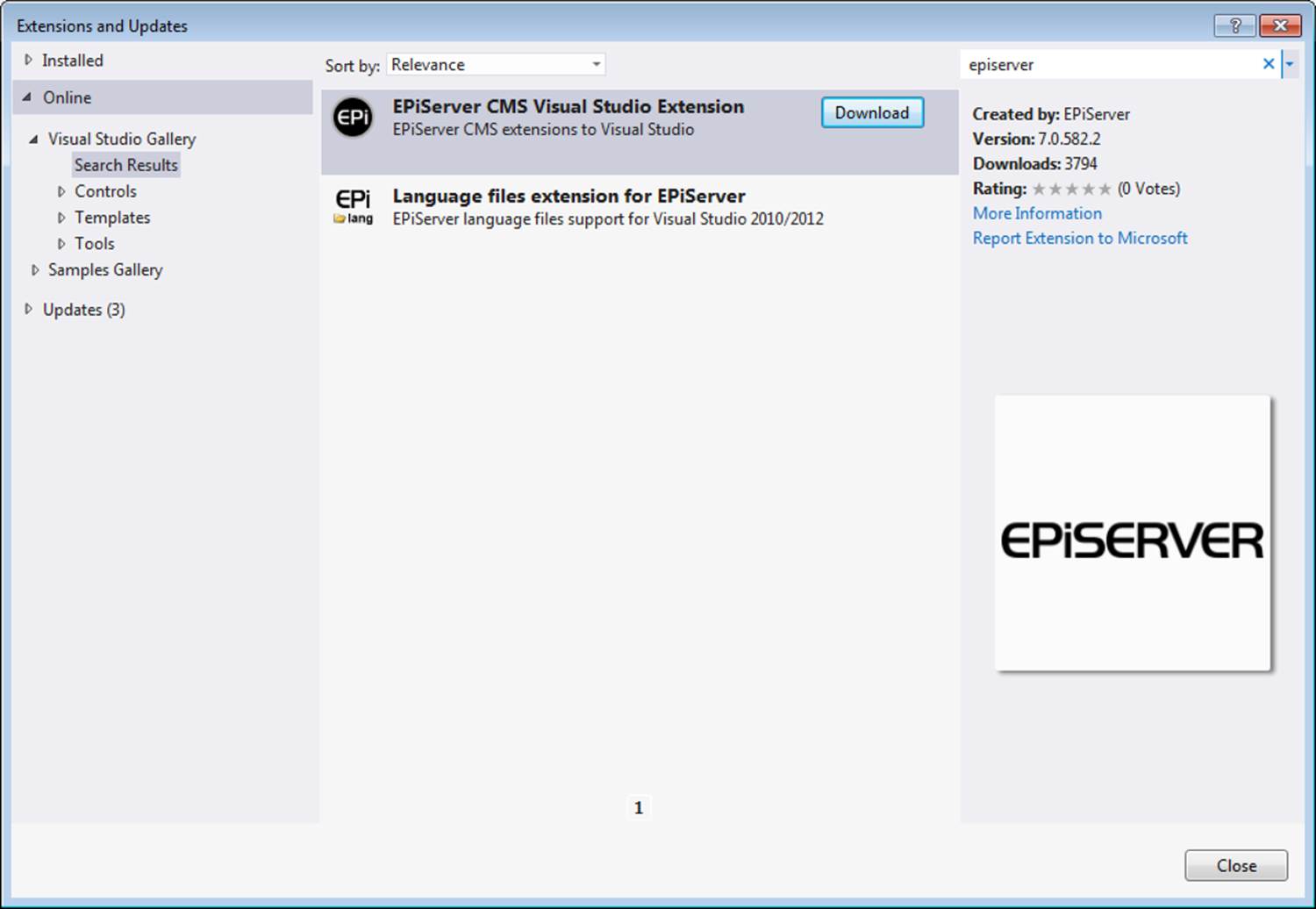 Search result containing EPiServer's Visual Studio integration.