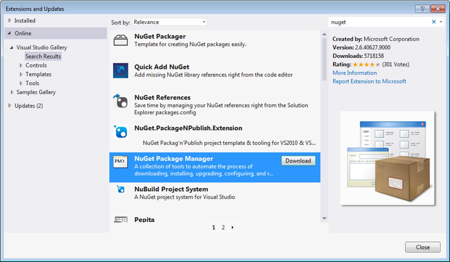 Installing NuGet using **Tools** → **Extensions and Updates**.