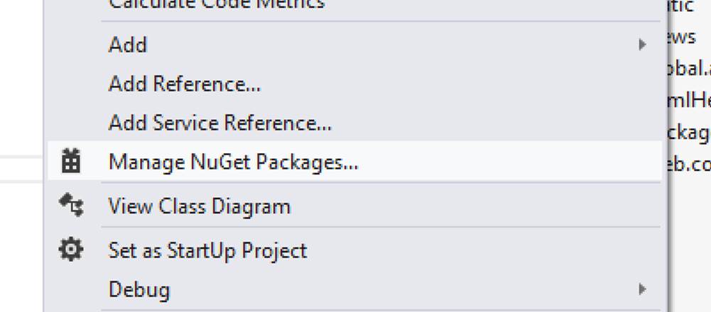 The Manage NuGet Packages menu alternative in the right click menu in Visual Studio's Solution Explorer.