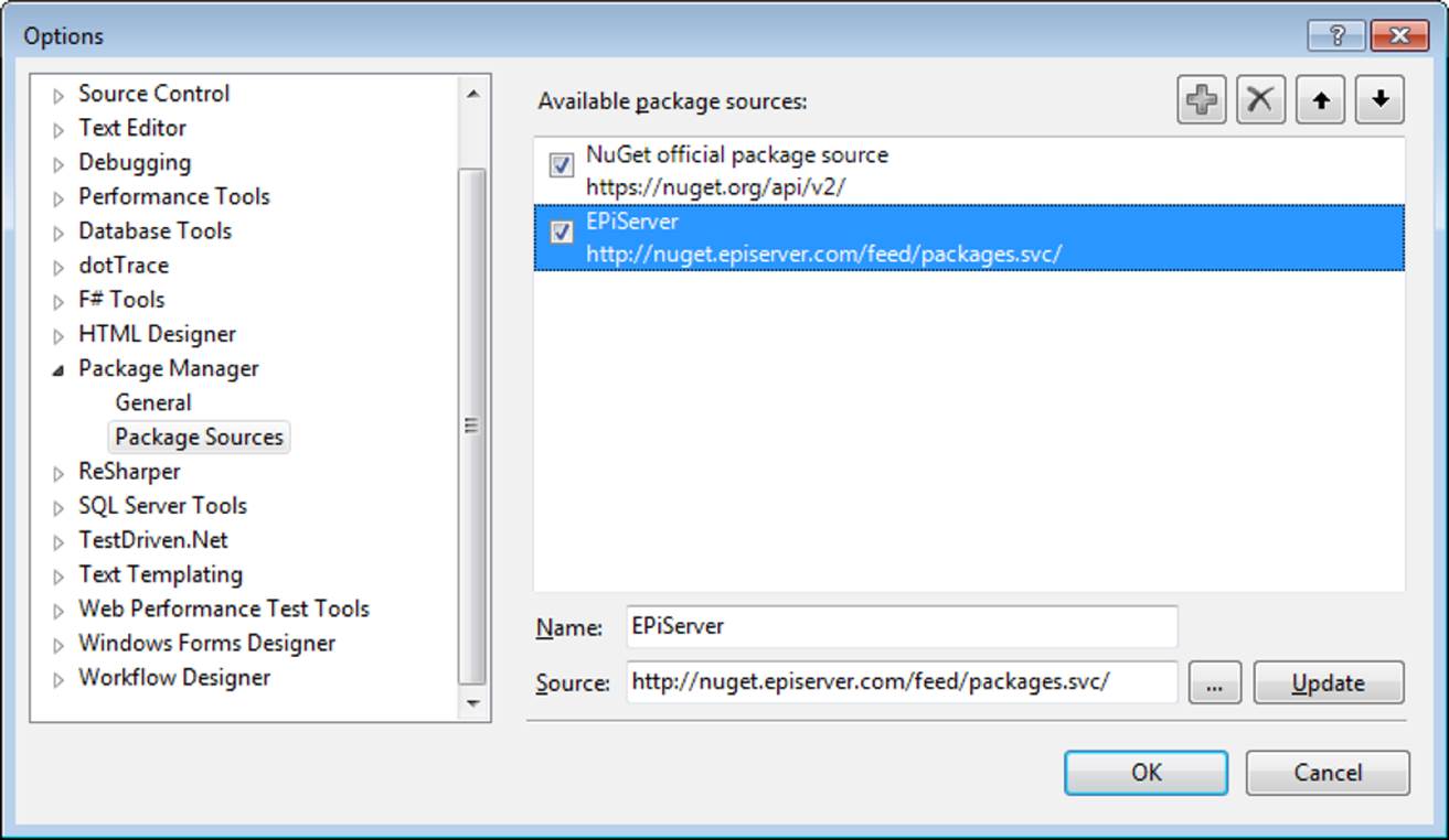 Adding EPiServer's feed to NuGet's configuration.