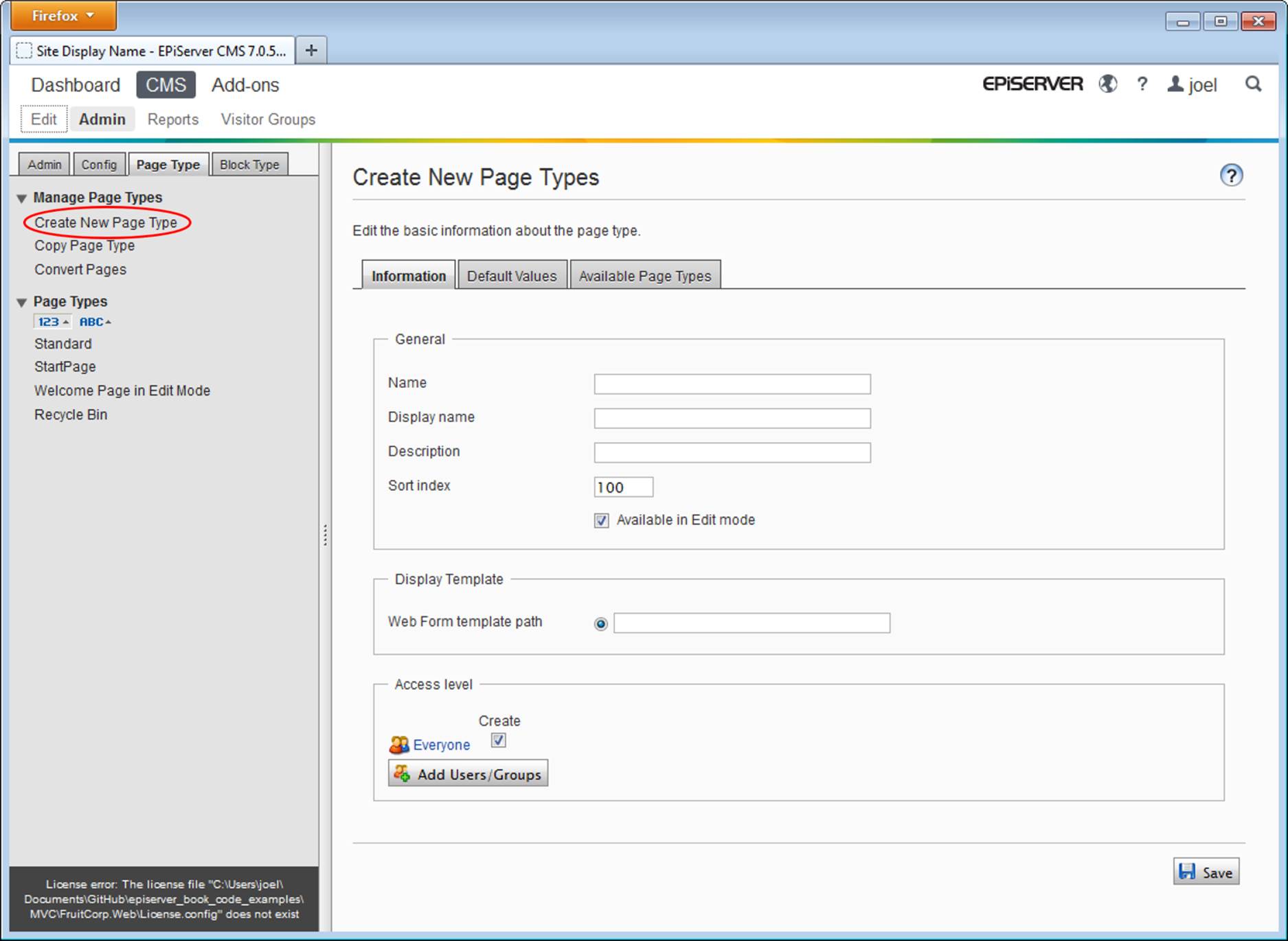 The dialog for creating a new page type in admin mode.