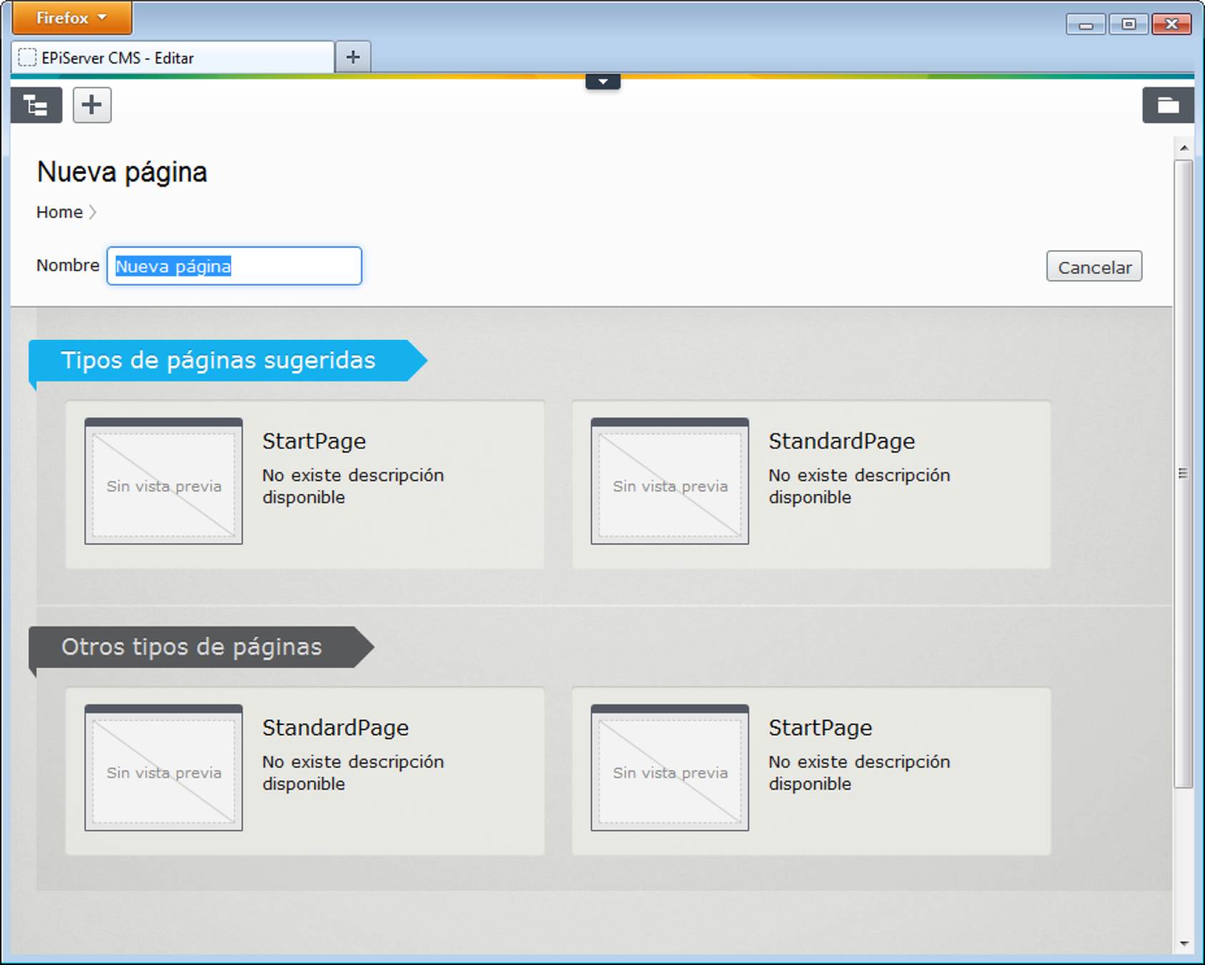 The New Page dialog viewed in Spanish. You don't know English, now select the right page type ;-)
