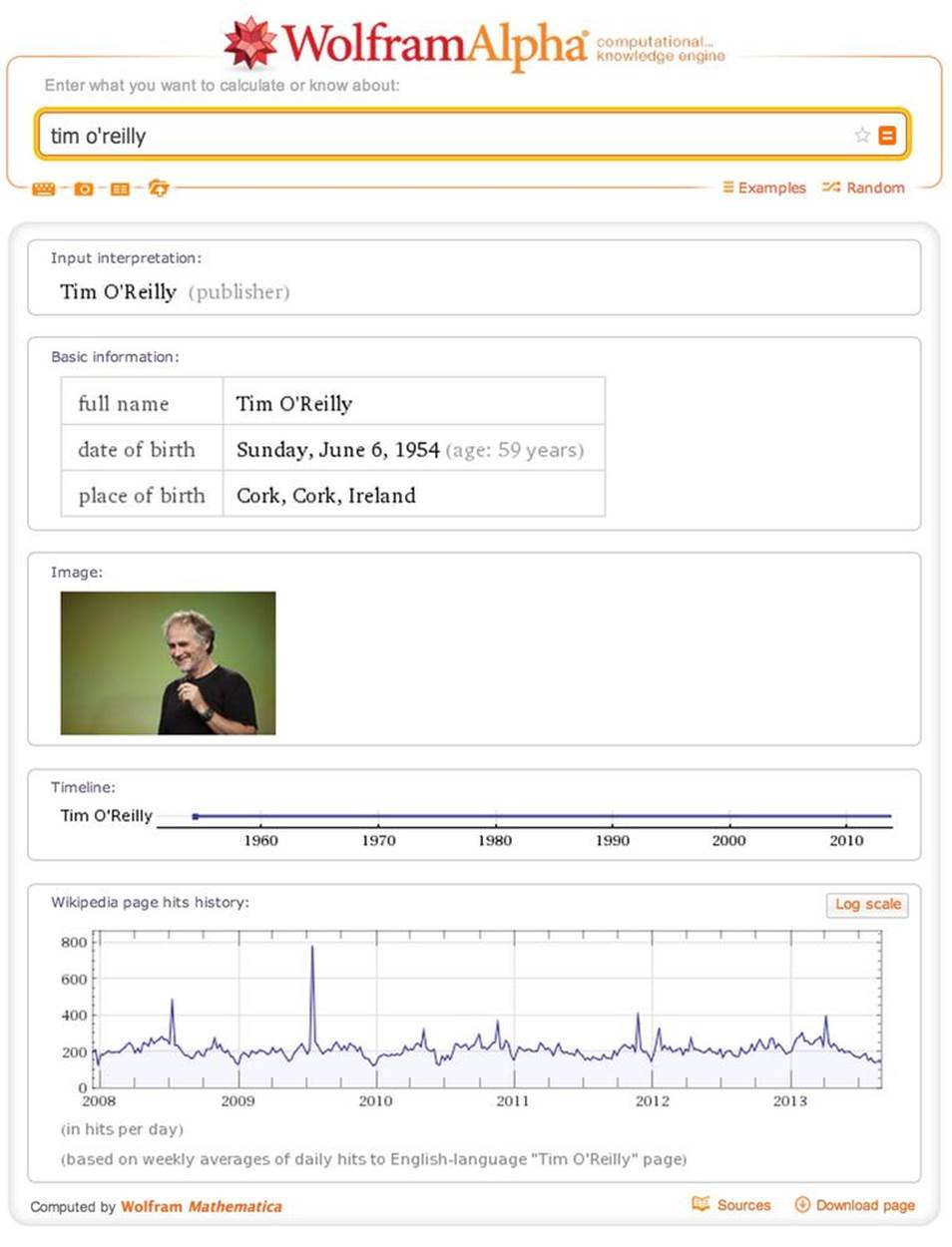 Sample results for a “tim o’reilly” query with WolframAlpha