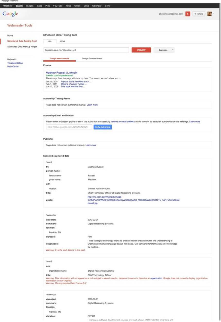 Sample results from Google’s structured data testing tool that extracts semantic markup from web pages