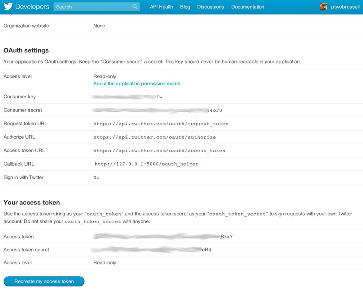 Sample OAuth settings for a Twitter application