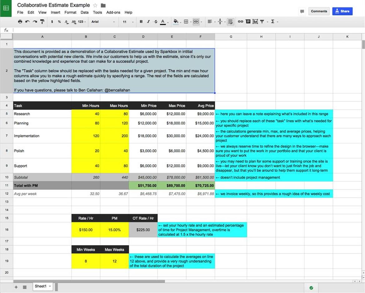 An example of a collaborative estimate, created in Google Drive and shared with a potential customer