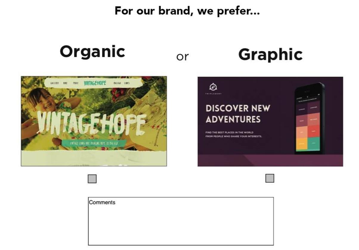 A style comparison allows the customer to share some of their vision for their new design. In this case, we’re asking if they prefer “organic” or “graphic.”