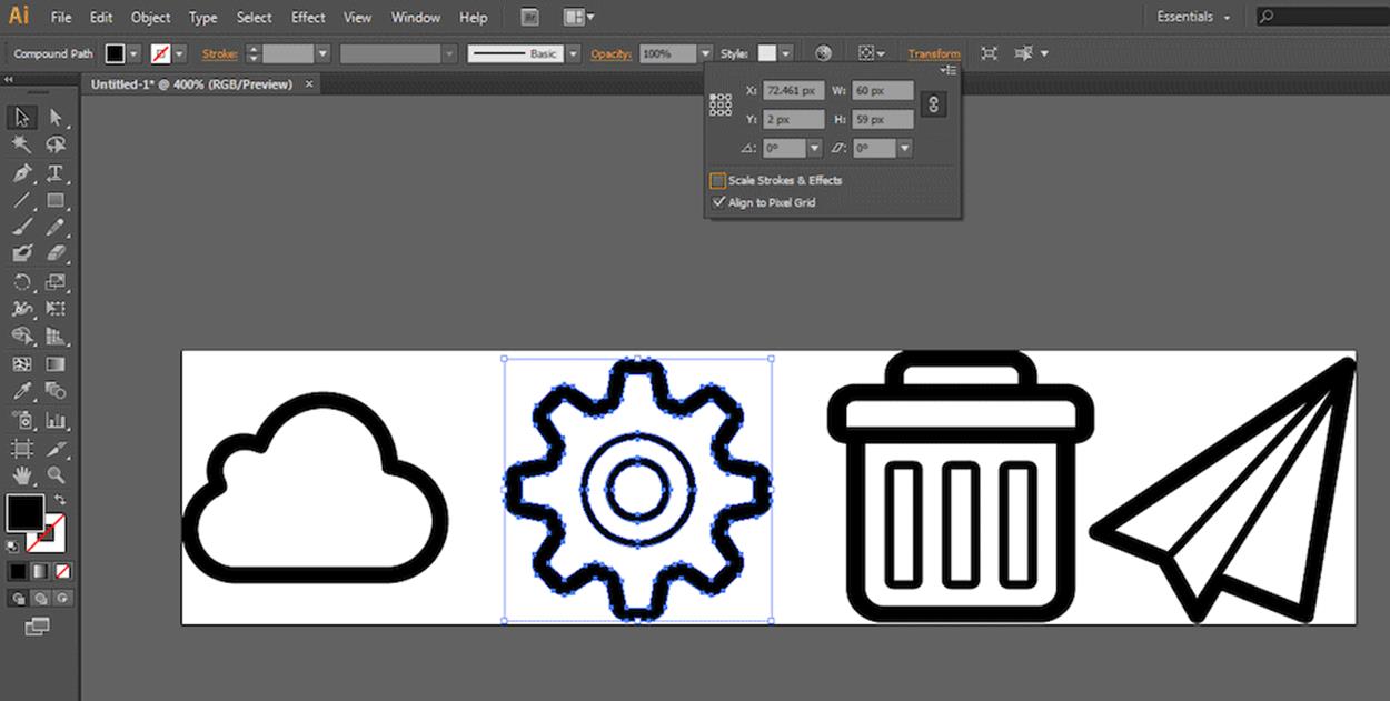 Screenshot showing the Transform panel in Illustrator. The panel shows the coordinates and dimensions of the bounding box of the icon