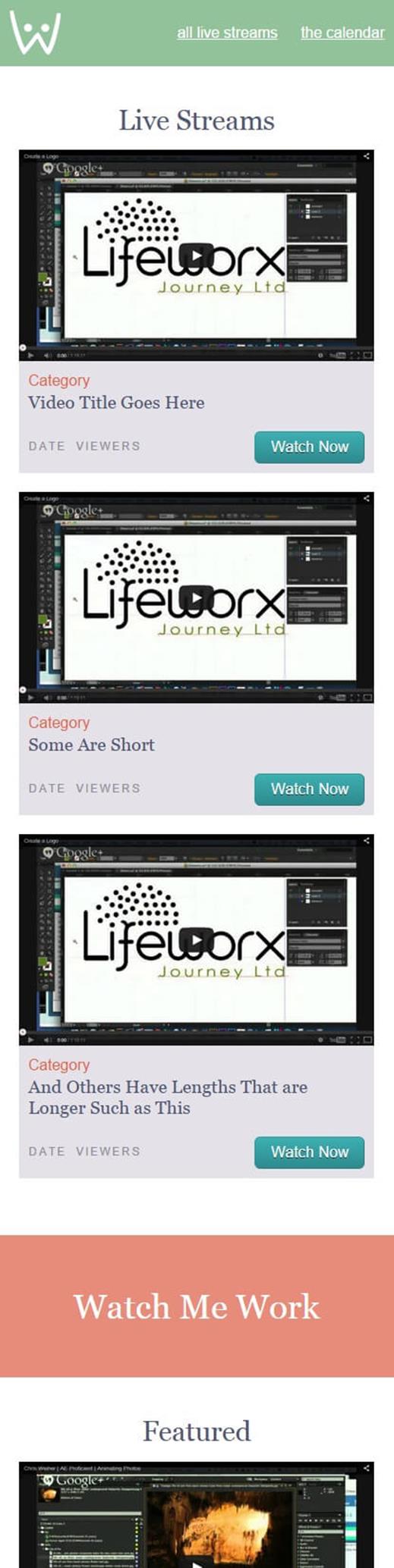 My narrow-screen wireframe reorders the page sections to place Live Streams at the top