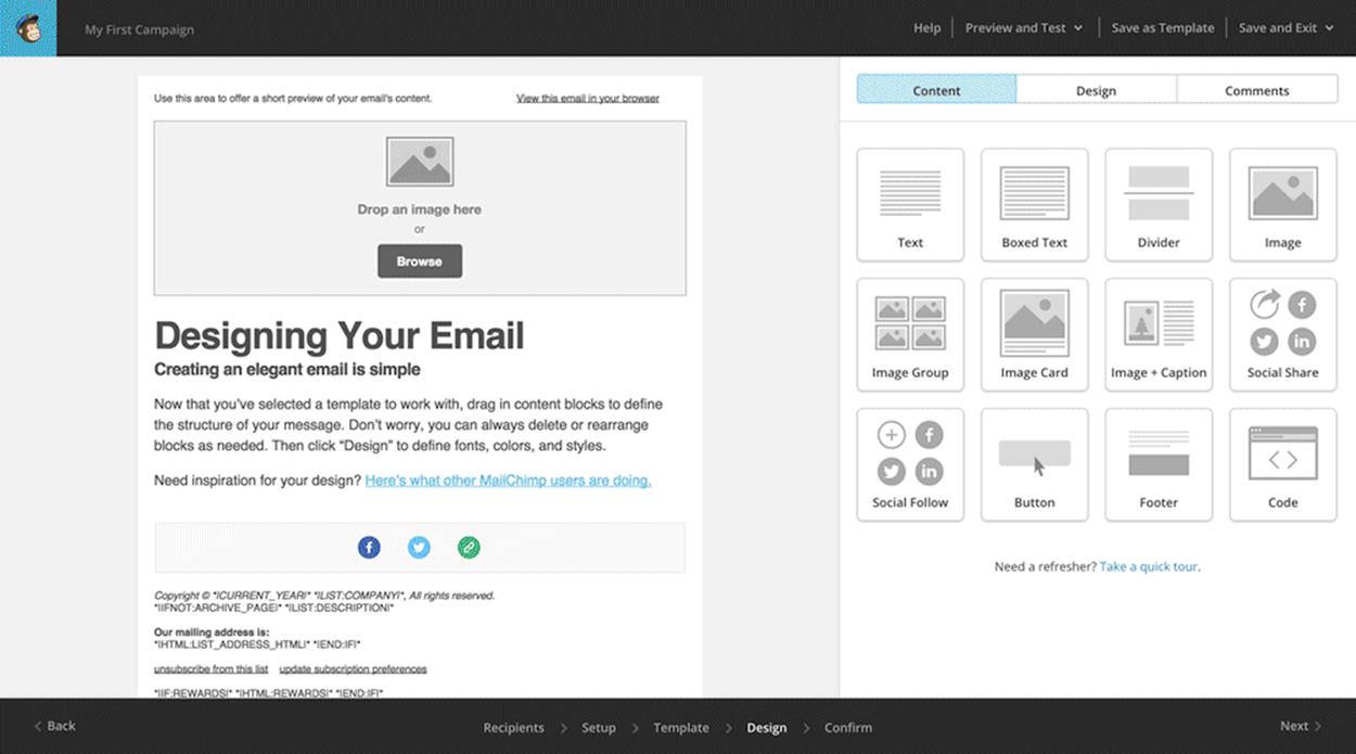 The idea of pattern-based design drives MailChimp’s drag-and-drop email editor